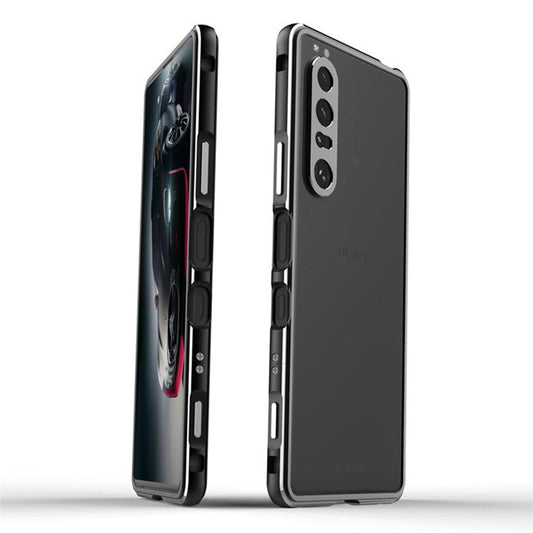 Polar Lights Style Metal Bumper Case Cover +Camera Lens Ring Protector for Sony Xperia 1 III 5G - Black / Silver