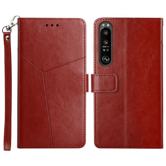 For Sony Xperia 1 III 5G Y-shaped Line Imprinting Shock-absorbed PU Leather Phone Wallet Shell Stand Cover - Wine Red