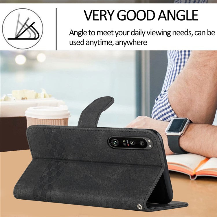 YX0010 Rhombus Lines Imprinting Skin-touch Feel Leather Stand Case Cover with Card Slots and Cash Pocket for Sony Xperia 1 III 5G - Black