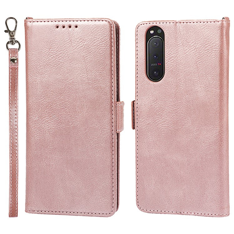 RFID Blocking Anti-fall Flip Phone Case Magnetic Closure Wallet Phone Cover with Strap and Supporting Stand for Sony Xperia 5 II - Rose Gold
