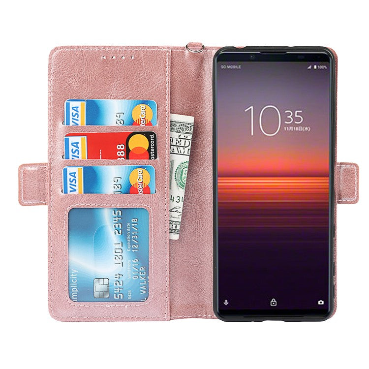 RFID Blocking Anti-fall Flip Phone Case Magnetic Closure Wallet Phone Cover with Strap and Supporting Stand for Sony Xperia 5 II - Rose Gold