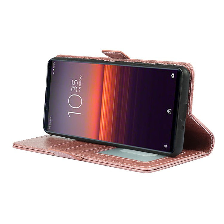 RFID Blocking Anti-fall Flip Phone Case Magnetic Closure Wallet Phone Cover with Strap and Supporting Stand for Sony Xperia 5 II - Rose Gold