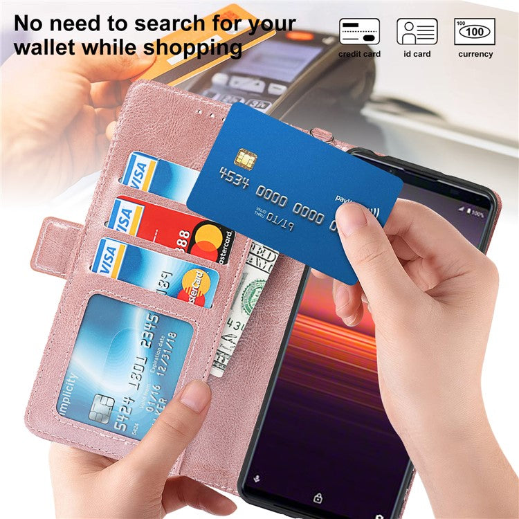 RFID Blocking Anti-fall Flip Phone Case Magnetic Closure Wallet Phone Cover with Strap and Supporting Stand for Sony Xperia 5 II - Rose Gold