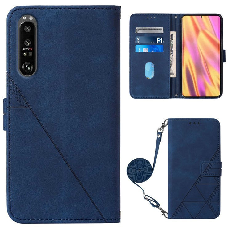 PB2-1 Series Anti-fall PU Leather Phone Cover Shell Scratch Resistant Imprinted Phone Case with Long Strap Wallet for Sony Xperia 1 III 5G - Sapphire
