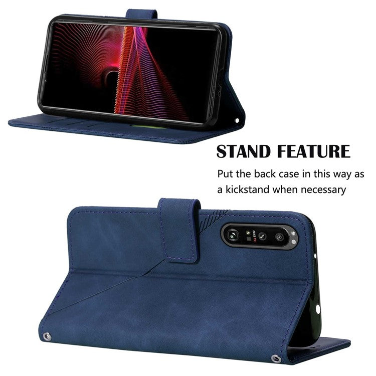 PB2-1 Series Anti-fall PU Leather Phone Cover Shell Scratch Resistant Imprinted Phone Case with Long Strap Wallet for Sony Xperia 1 III 5G - Sapphire