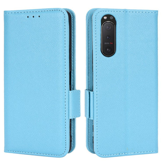 For Sony Xperia 5 II Dual Clasps PU Leather Phone Cover Litchi Texture Stand Wallet Protective Cover - Baby Blue