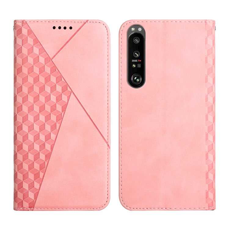 For Sony Xperia 1 III 5G Rhombus Pattern Imprinted Folio Flip Wallet Case Full Body Protection Stand Magnetic Absorption Phone Cover - Rose Gold