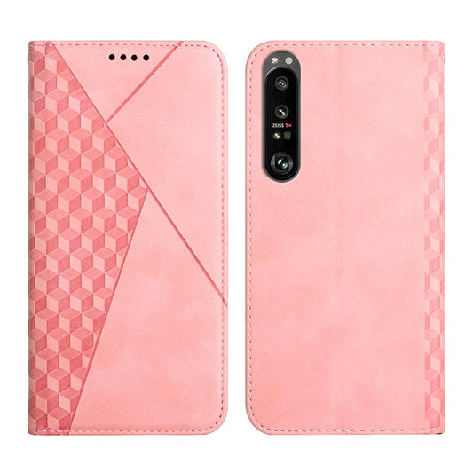 For Sony Xperia 1 III 5G Rhombus Pattern Imprinted Folio Flip Wallet Case Full Body Protection Stand Magnetic Absorption Phone Cover - Rose Gold
