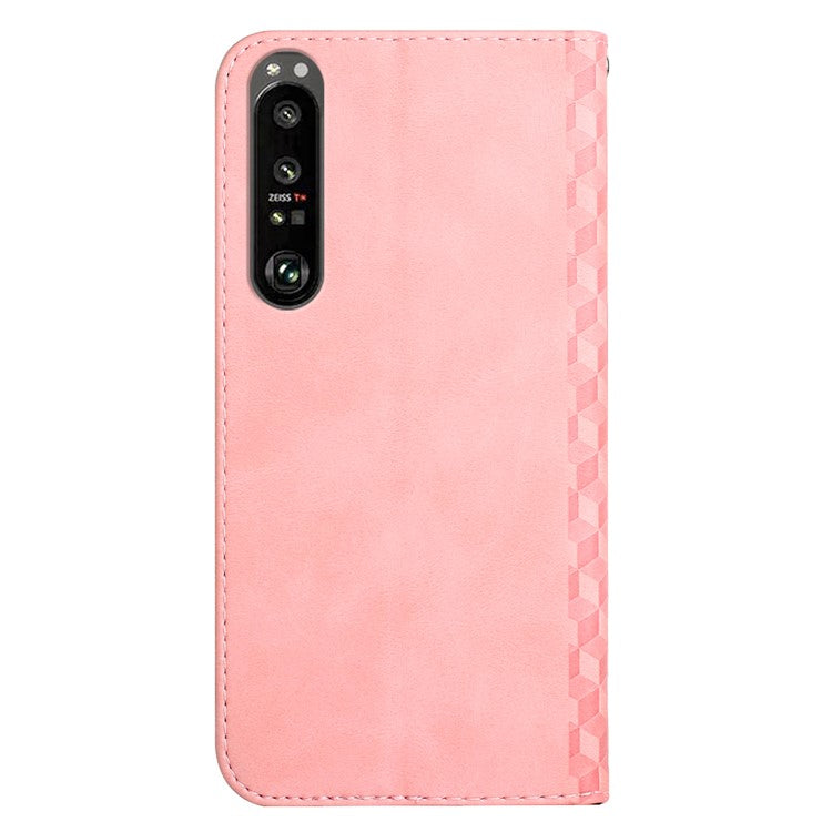 For Sony Xperia 1 III 5G Rhombus Pattern Imprinted Folio Flip Wallet Case Full Body Protection Stand Magnetic Absorption Phone Cover - Rose Gold