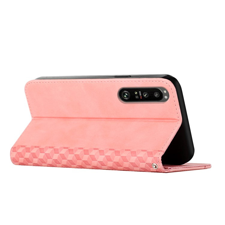 For Sony Xperia 1 III 5G Rhombus Pattern Imprinted Folio Flip Wallet Case Full Body Protection Stand Magnetic Absorption Phone Cover - Rose Gold