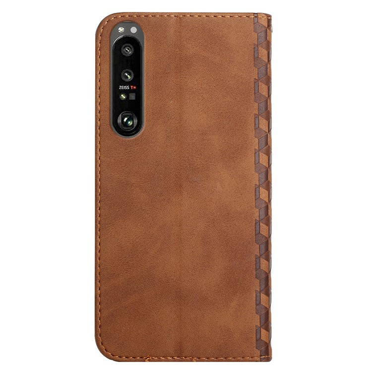 For Sony Xperia 1 III 5G Rhombus Pattern Imprinted Folio Flip Wallet Case Full Body Protection Stand Magnetic Absorption Phone Cover - Brown