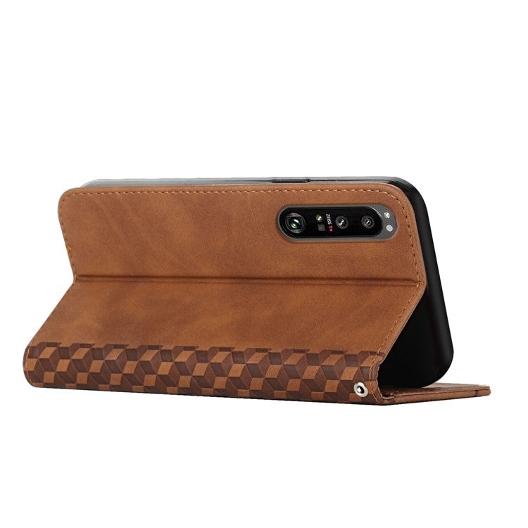 For Sony Xperia 1 III 5G Rhombus Pattern Imprinted Folio Flip Wallet Case Full Body Protection Stand Magnetic Absorption Phone Cover - Brown
