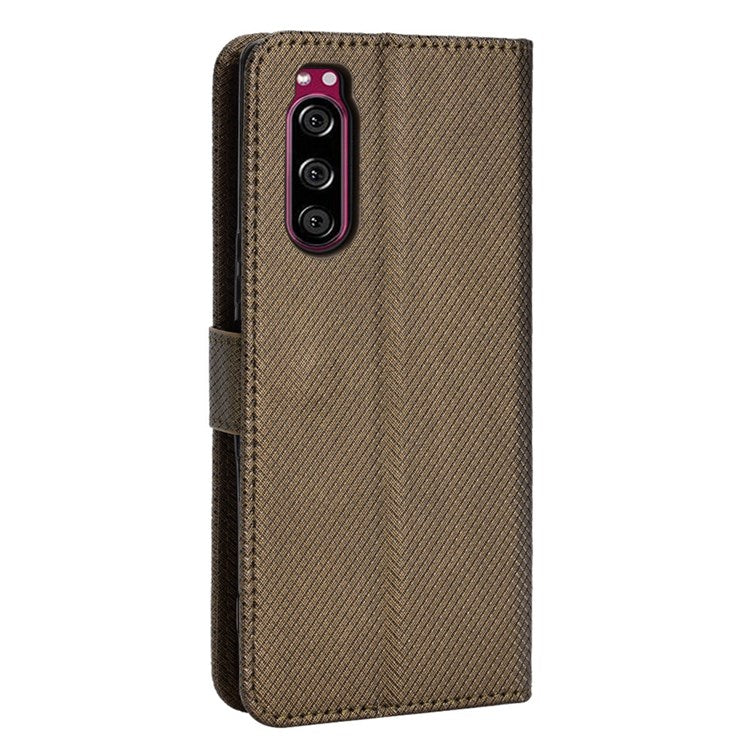 For Sony Xperia 5 Diamond Texture Flip Leather Case Wallet Design Shockproof Flip Folio Stand Protective Cover with Wrist Strap - Brown