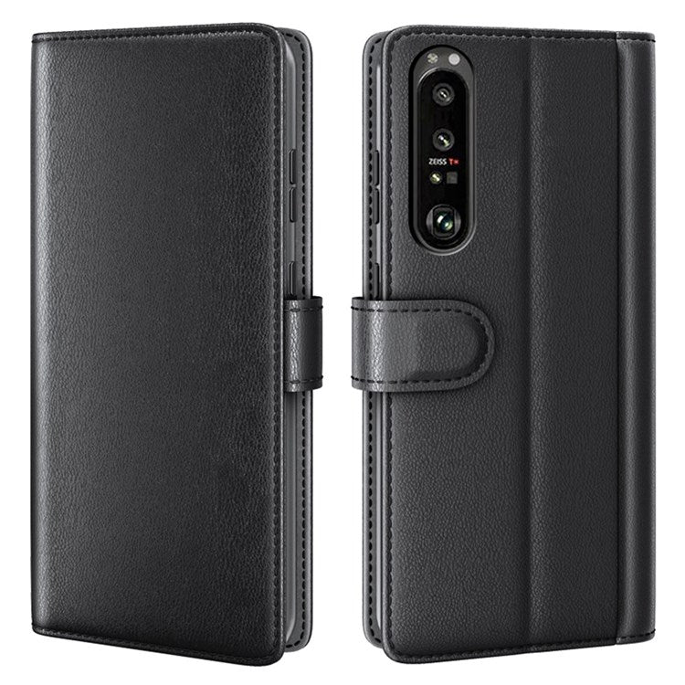 For Sony Xperia 1 III 5G Split Leather Genuine Leather Protective Cover Magnetic Clasp Wallet Stand Phone Case - Black