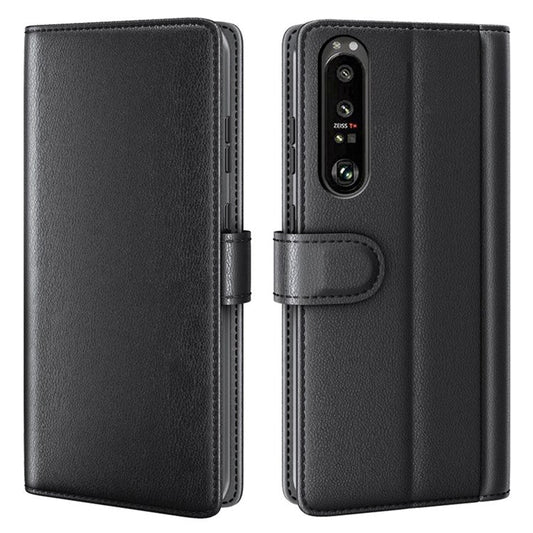 For Sony Xperia 1 III 5G Split Leather Genuine Leather Protective Cover Magnetic Clasp Wallet Stand Phone Case - Black