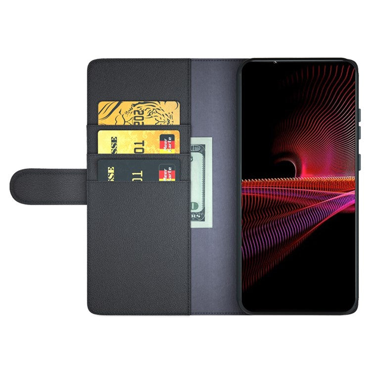 For Sony Xperia 1 III 5G Split Leather Genuine Leather Protective Cover Magnetic Clasp Wallet Stand Phone Case - Black