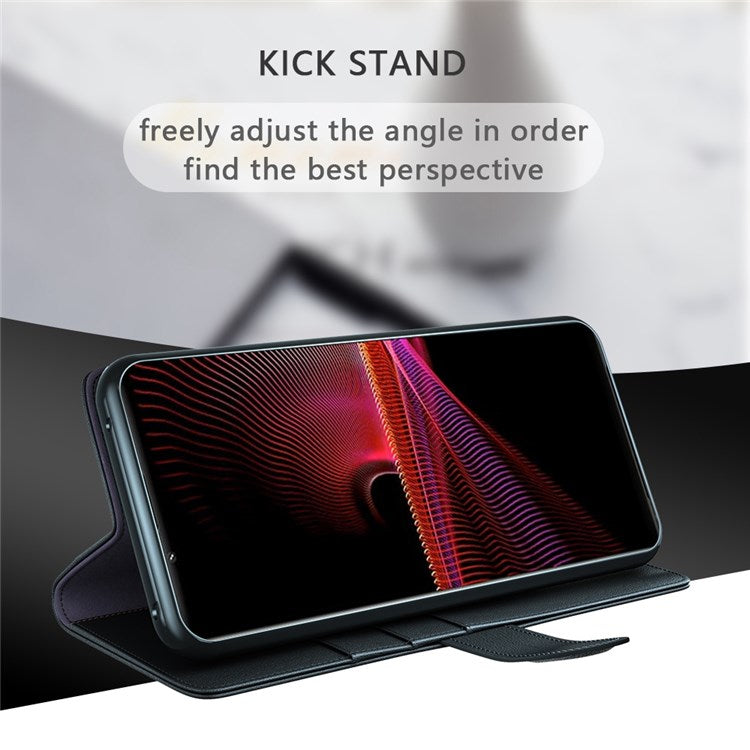 For Sony Xperia 1 III 5G Split Leather Genuine Leather Protective Cover Magnetic Clasp Wallet Stand Phone Case - Black