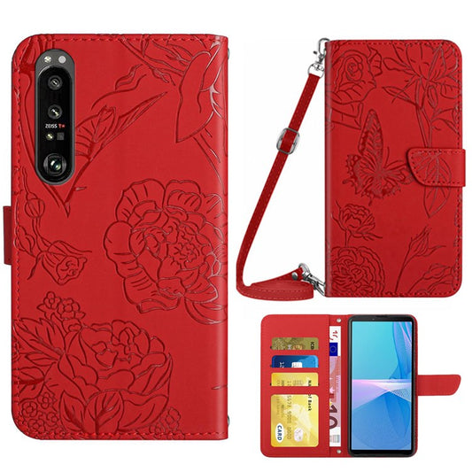 For Sony Xperia 1 III 5G Skin-touch PU Leather Phone Case Bag, Pattern Imprinting Design Hands-free Stand Wallet Cover with Shoulder Strap - Red