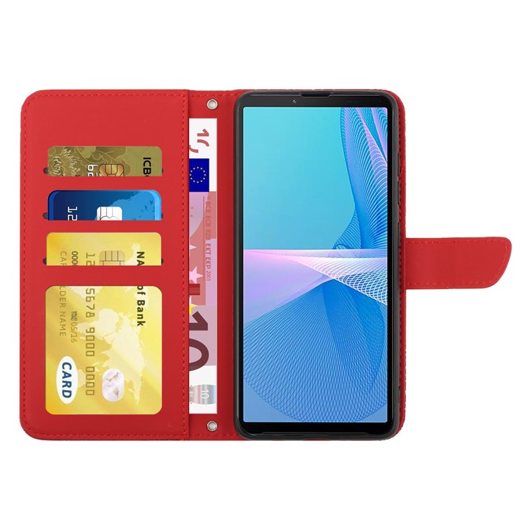 For Sony Xperia 1 III 5G Skin-touch PU Leather Phone Case Bag, Pattern Imprinting Design Hands-free Stand Wallet Cover with Shoulder Strap - Red