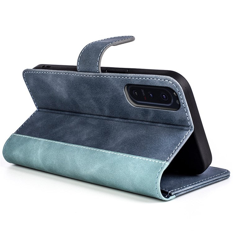 For Sony Xperia 5 II Color Splicing Flip Wallet Phone Case PU Leather Inner TPU Full Body Shockproof Magnetic Closure Stand Cover - Blue