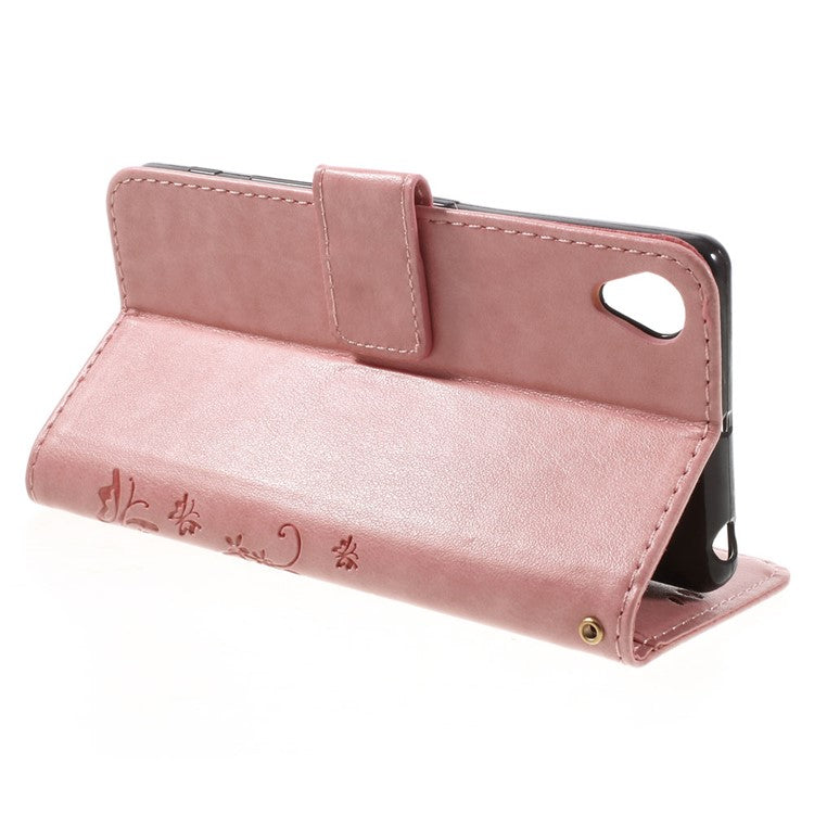 Butterfly Leather Wallet Stand Shell for Sony Xperia X - Pink
