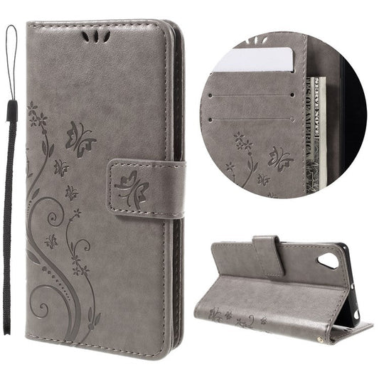Butterfly Imprinted Leather Wallet Flip Case for Sony Xperia X Performance - Grey