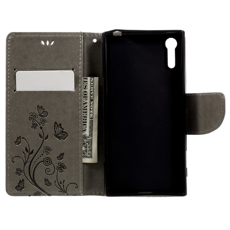 Imprint Floral Butterfly Leather Cover for Sony Xperia XZs / XZ with Lanyard - Grey