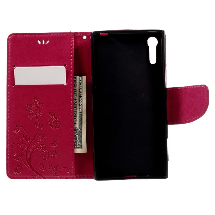 Imprint Floral Butterfly Leather Wallet Case for Sony Xperia XZs / XZ with Lanyard - Rose