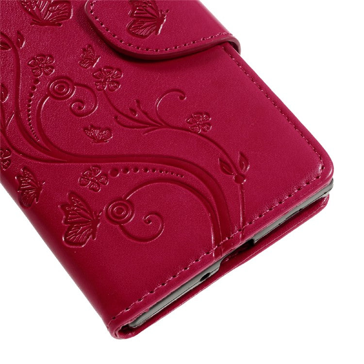 Imprint Floral Butterfly Leather Wallet Case for Sony Xperia XZs / XZ with Lanyard - Rose
