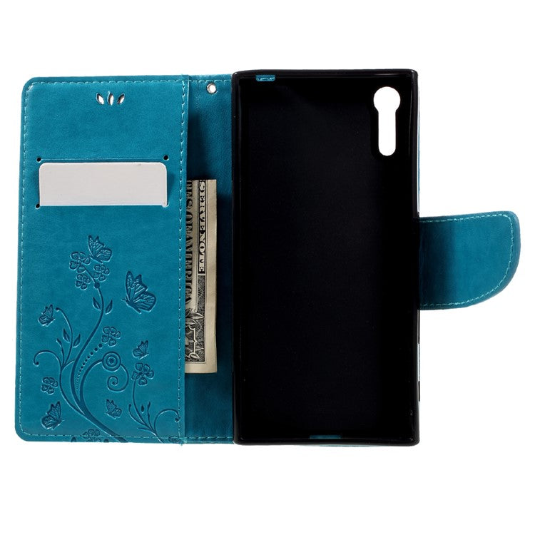 Imprint Floral Butterfly Leather Mganteic Case for Sony Xperia XZs / XZ with Lanyard - Blue