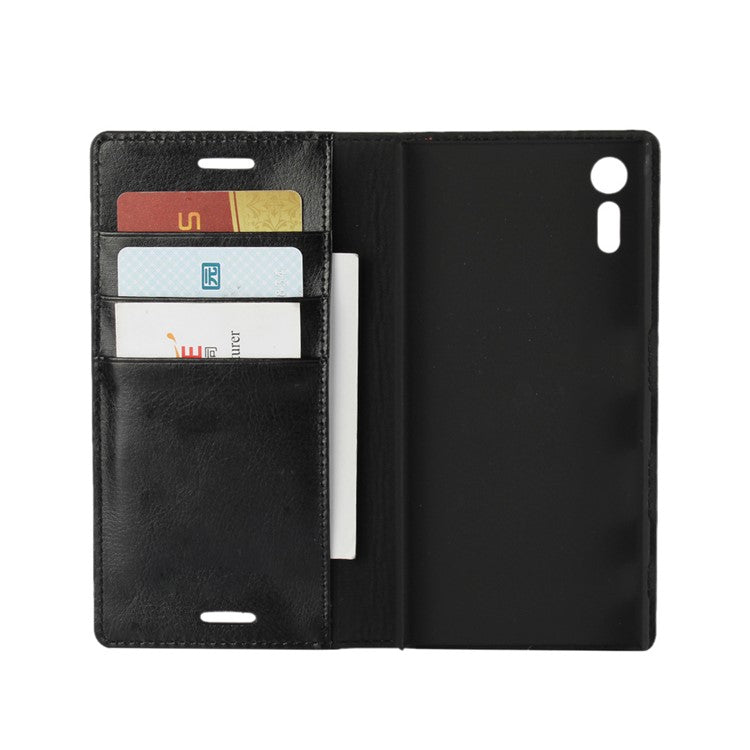 Crazy Horse Genuine Leather Wallet Case Cover for Sony Xperia XZs / XZ - Black