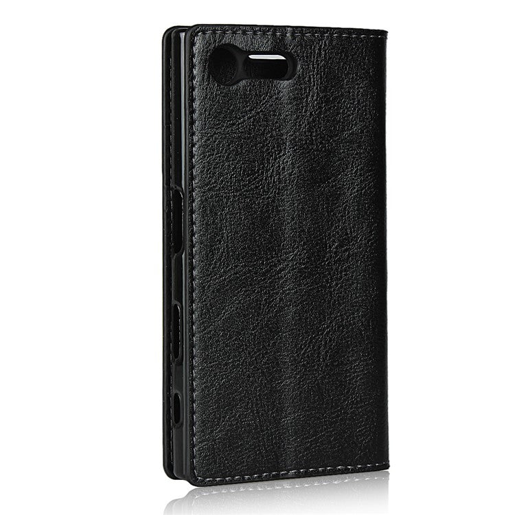 For Sony Xperia X Compact Crazy Horse Genuine Leather Wallet Case Shell - Black
