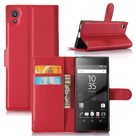 Litchi Grain Folio Flip Leather Wallet Shell for Sony Xperia XA1 - Red
