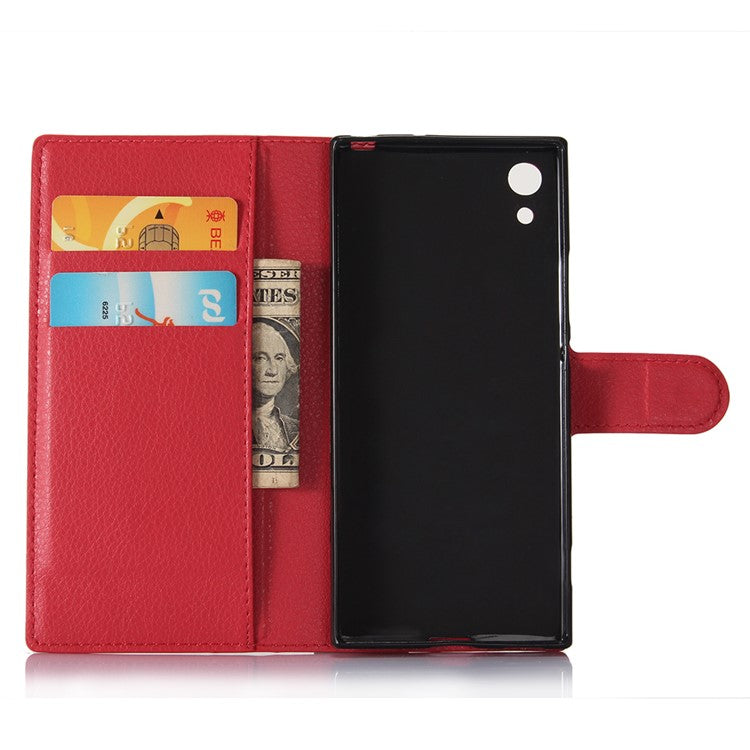 Litchi Grain Folio Flip Leather Wallet Shell for Sony Xperia XA1 - Red