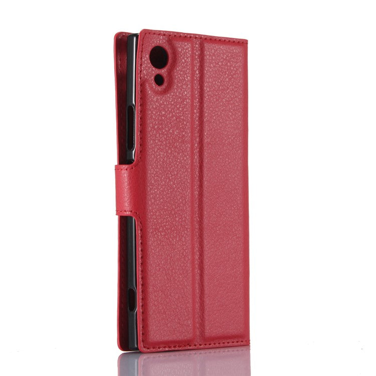 Litchi Grain Folio Flip Leather Wallet Shell for Sony Xperia XA1 - Red