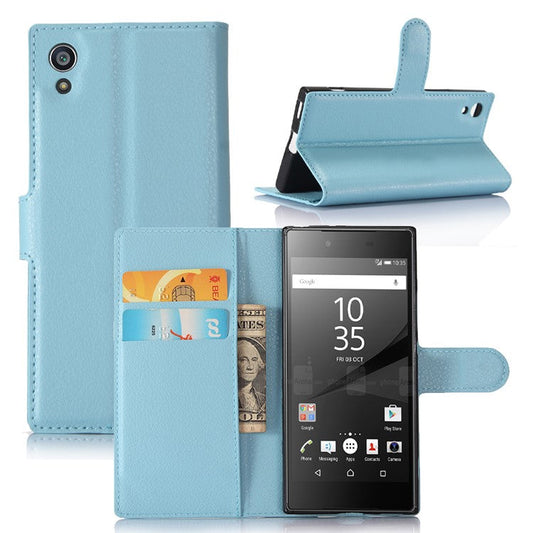 Litchi Grain Stand Wallet Leather Mobile Casing for Sony Xperia XA1 - Blue
