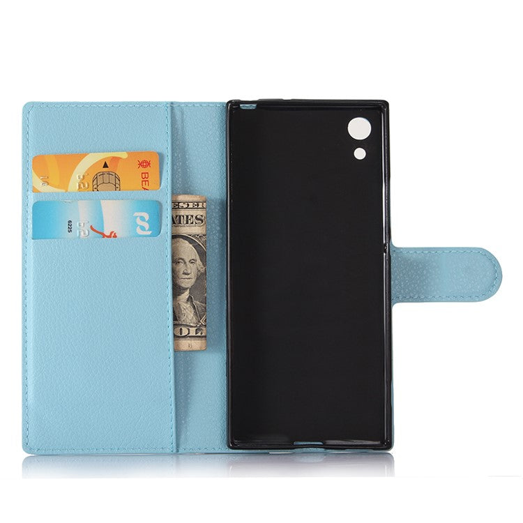 Litchi Grain Stand Wallet Leather Mobile Casing for Sony Xperia XA1 - Blue