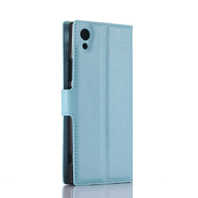 Litchi Grain Stand Wallet Leather Mobile Casing for Sony Xperia XA1 - Blue