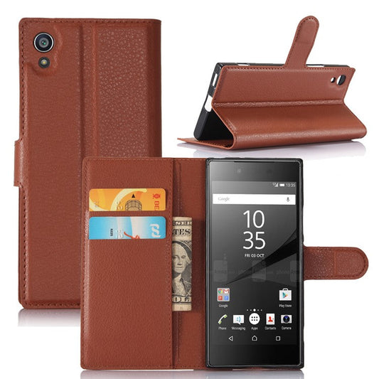 Litchi Grain Leather Flip Case Stand Card Holder for Sony Xperia XA1 - Brown