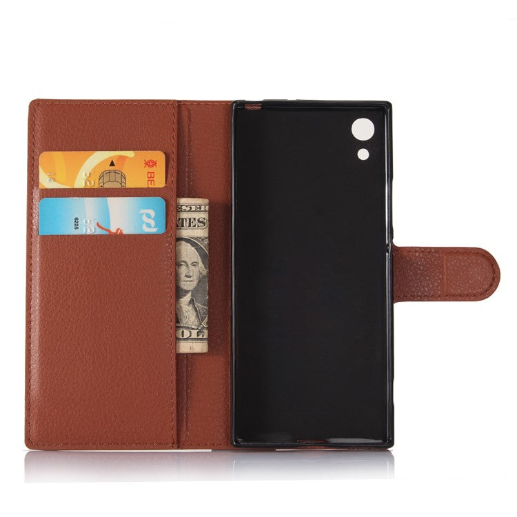 Litchi Grain Leather Flip Case Stand Card Holder for Sony Xperia XA1 - Brown