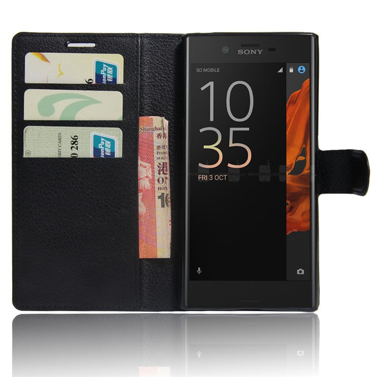 Litchi Grain Wallet Stand Leather Phone Case for Sony Xperia XZs / XZ - Black