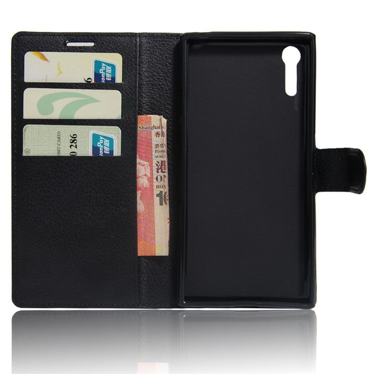 Litchi Grain Wallet Stand Leather Phone Case for Sony Xperia XZs / XZ - Black