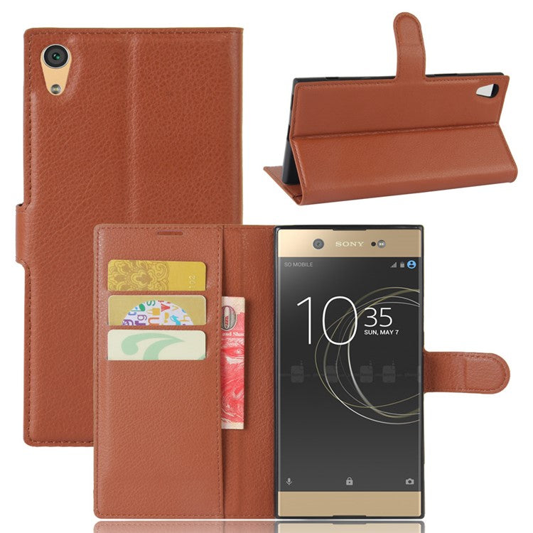 Litchi Skin Leather Wallet Case Accessory for Sony Xperia XA1 Ultra - Brown