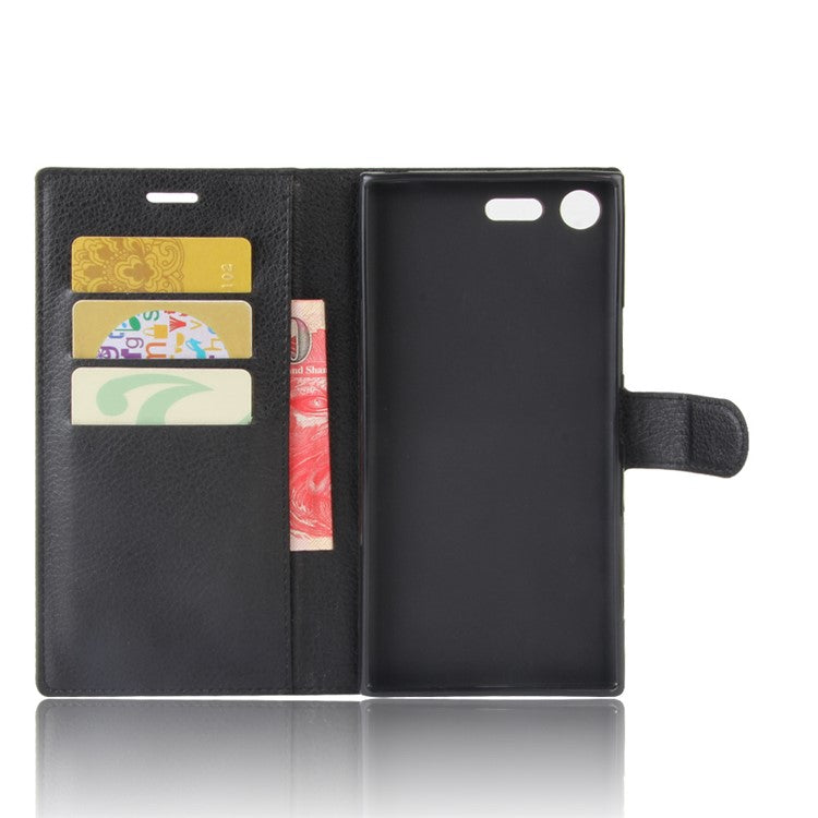 Litchi Skin Leather Stand Cover with Card Slots for Sony Xperia XZ Premium Wallet Design Phone Case - Black