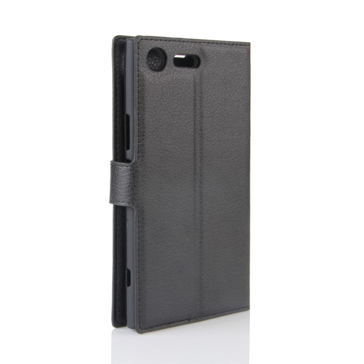 Litchi Skin Leather Stand Cover with Card Slots for Sony Xperia XZ Premium Wallet Design Phone Case - Black
