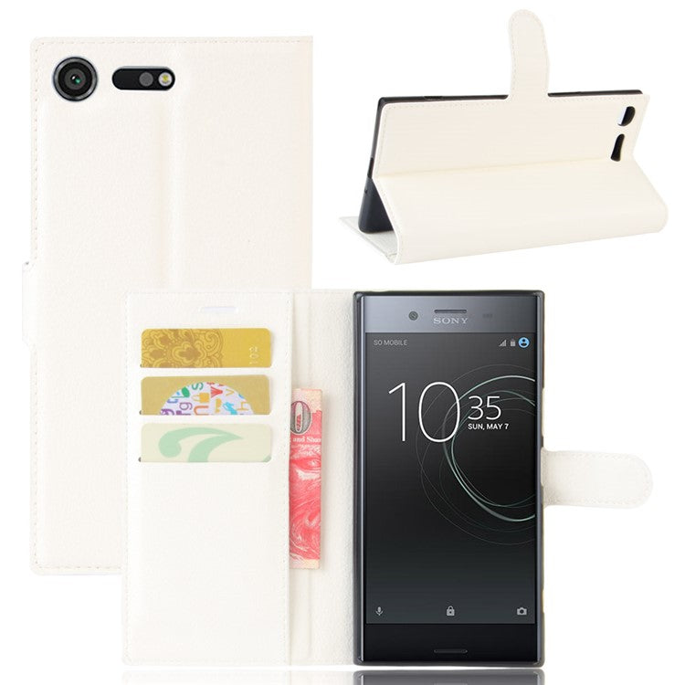 Litchi Skin Leather Stand Cover with Card Slots for Sony Xperia XZ Premium Wallet Design Phone Case - White