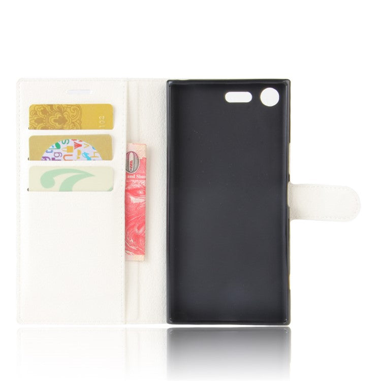 Litchi Skin Leather Stand Cover with Card Slots for Sony Xperia XZ Premium Wallet Design Phone Case - White