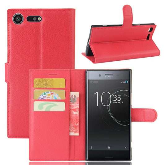 Litchi Skin Leather Stand Cover with Card Slots for Sony Xperia XZ Premium Wallet Design Phone Case - Red