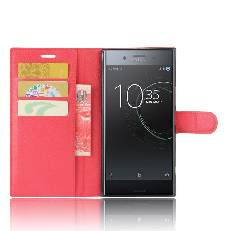 Litchi Skin Leather Stand Cover with Card Slots for Sony Xperia XZ Premium Wallet Design Phone Case - Red