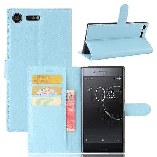 Litchi Skin Leather Stand Cover with Card Slots for Sony Xperia XZ Premium Wallet Design Phone Case - Baby Blue